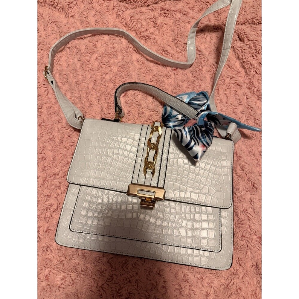ALDO Anniebrook Purse Luggage Light Blue Gold Satchel Accessory Scarf